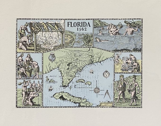 Map of Florida with illustrations by Jacques Le Moyne
